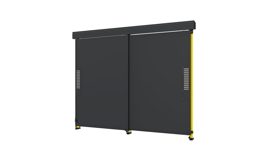 open double sliding door for machine guarding with sheet metasl panels from axelent 