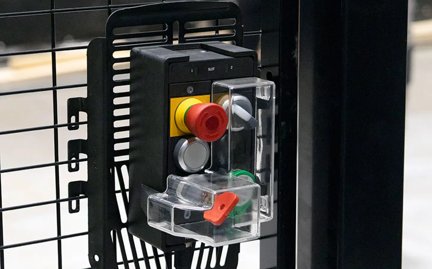 Machine safety lock shown with various safety features such as emergency stops and trapped key