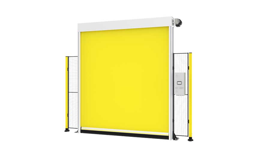 closed yellow high speed roll door with posts for machine guarding