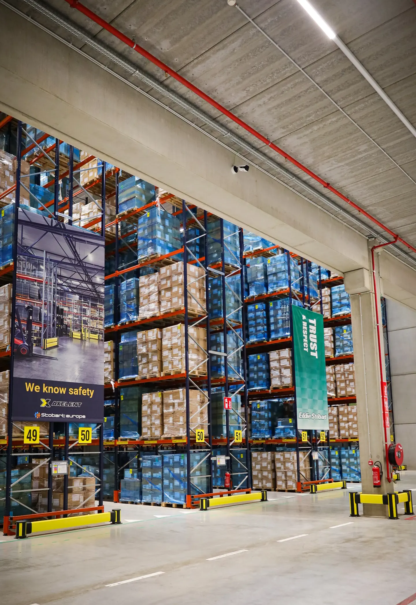 Axelent rack end impact protection shown in Stobart Europe warehouse.