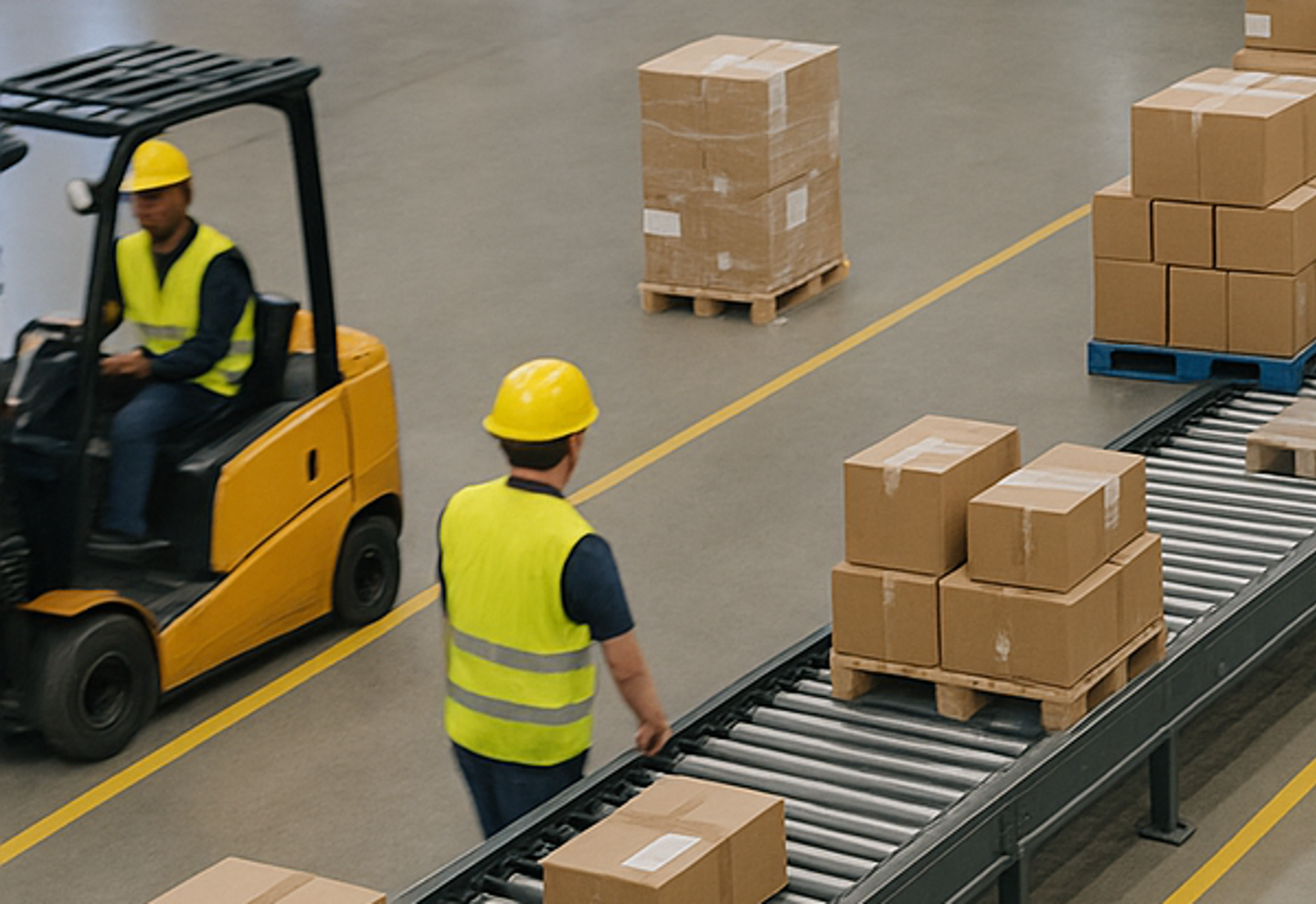 A warehouse environment with a pedestrian, forklift, conveyor, and pallets.