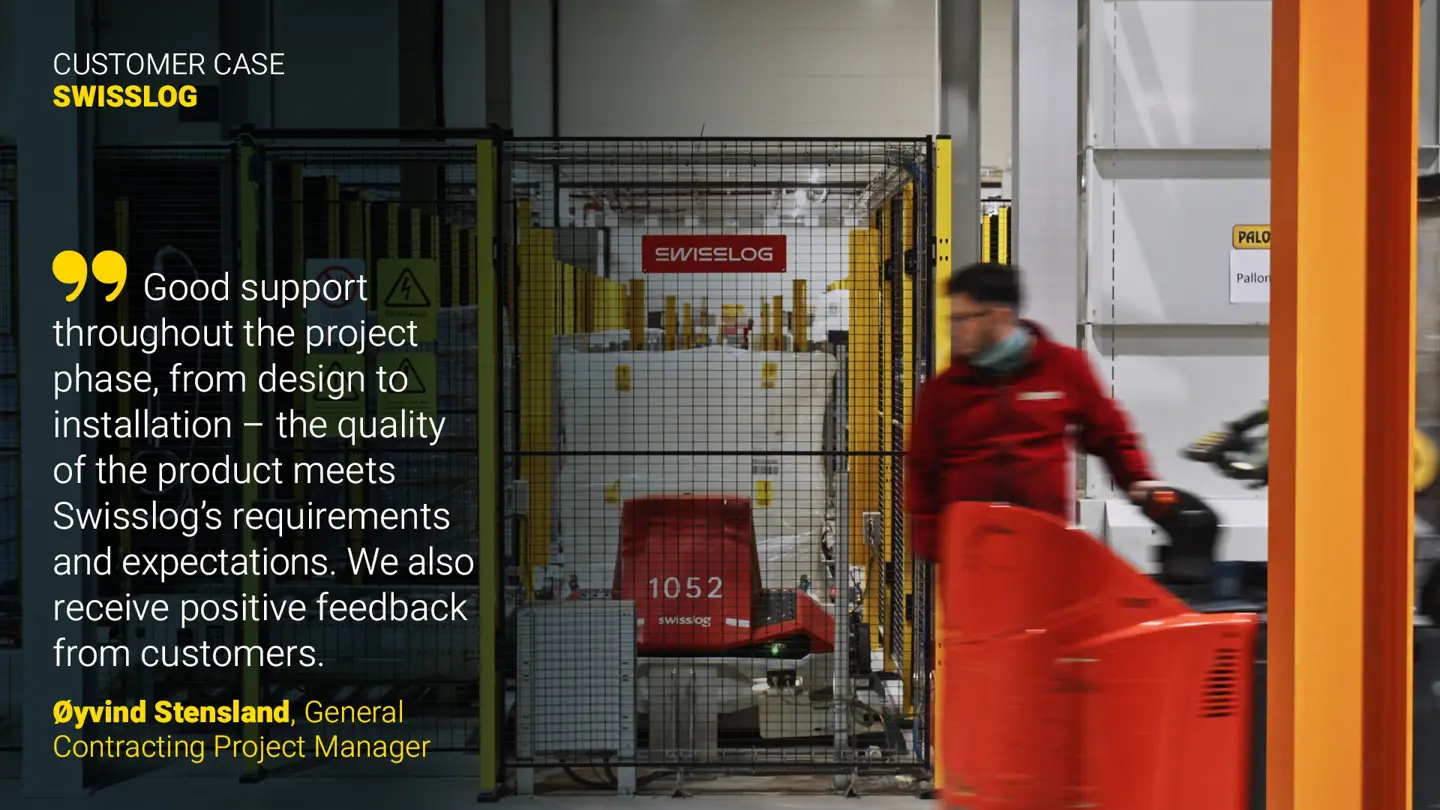 A automated goods vehicle operator can be seen working around machine guarding with a quotation shown. “The greatest value of Axelent’s delivery is ensuring a safe installation – a high-quality installation that provides a good customer experience.”  -  Øyvind Stensland, General Contracting Project Manager, Swisslog 