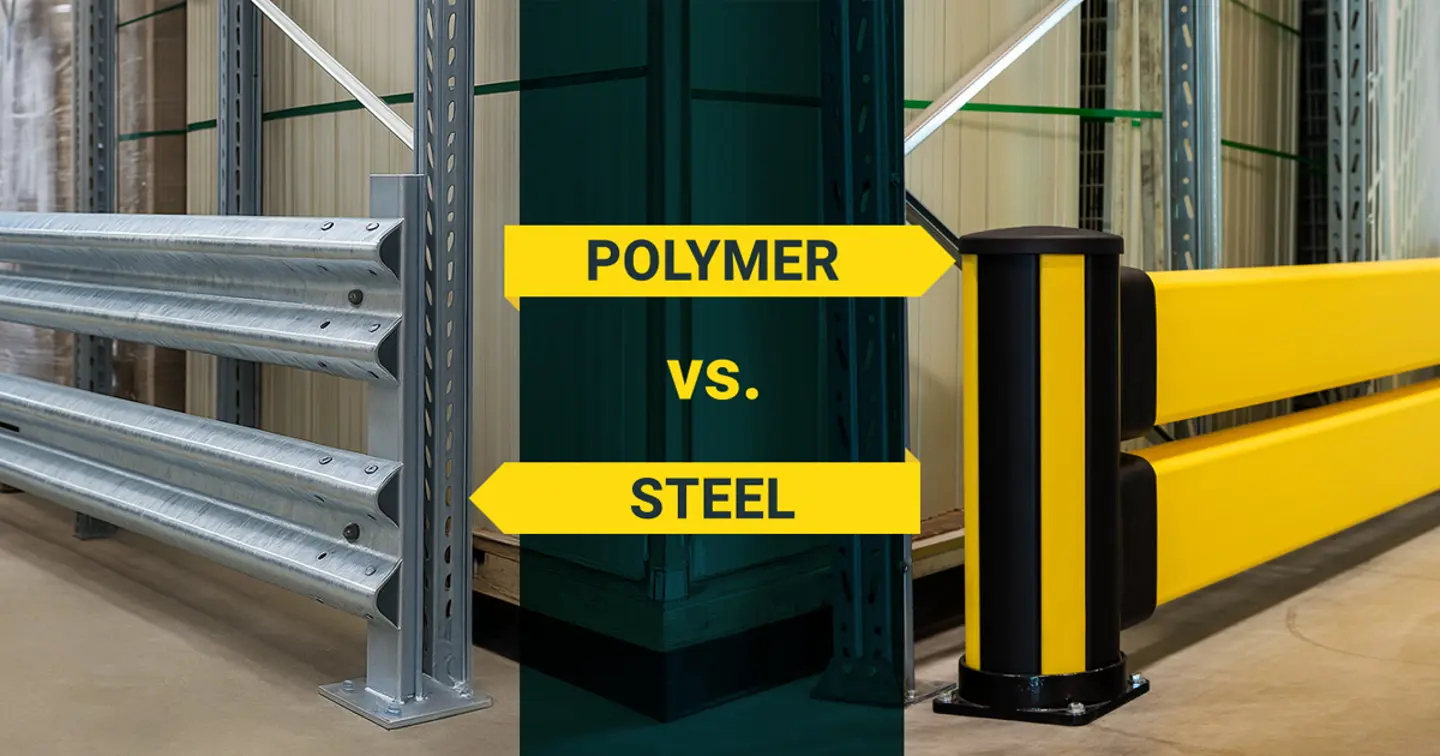 A steel barrier is shown next to a polymer barrier with a vs graphic.