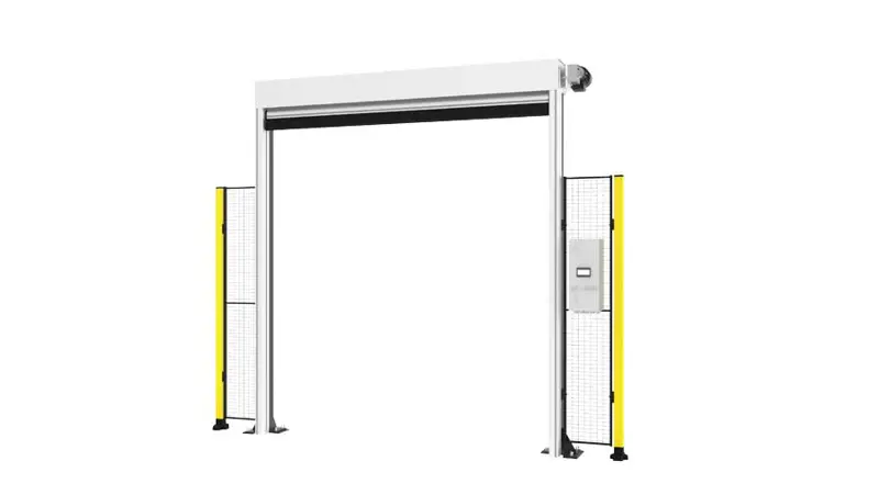 opened high speed roll door with yellow posts for machine guarding