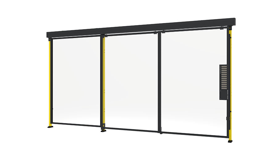 double sliding door machine guarding with plastic panels closed