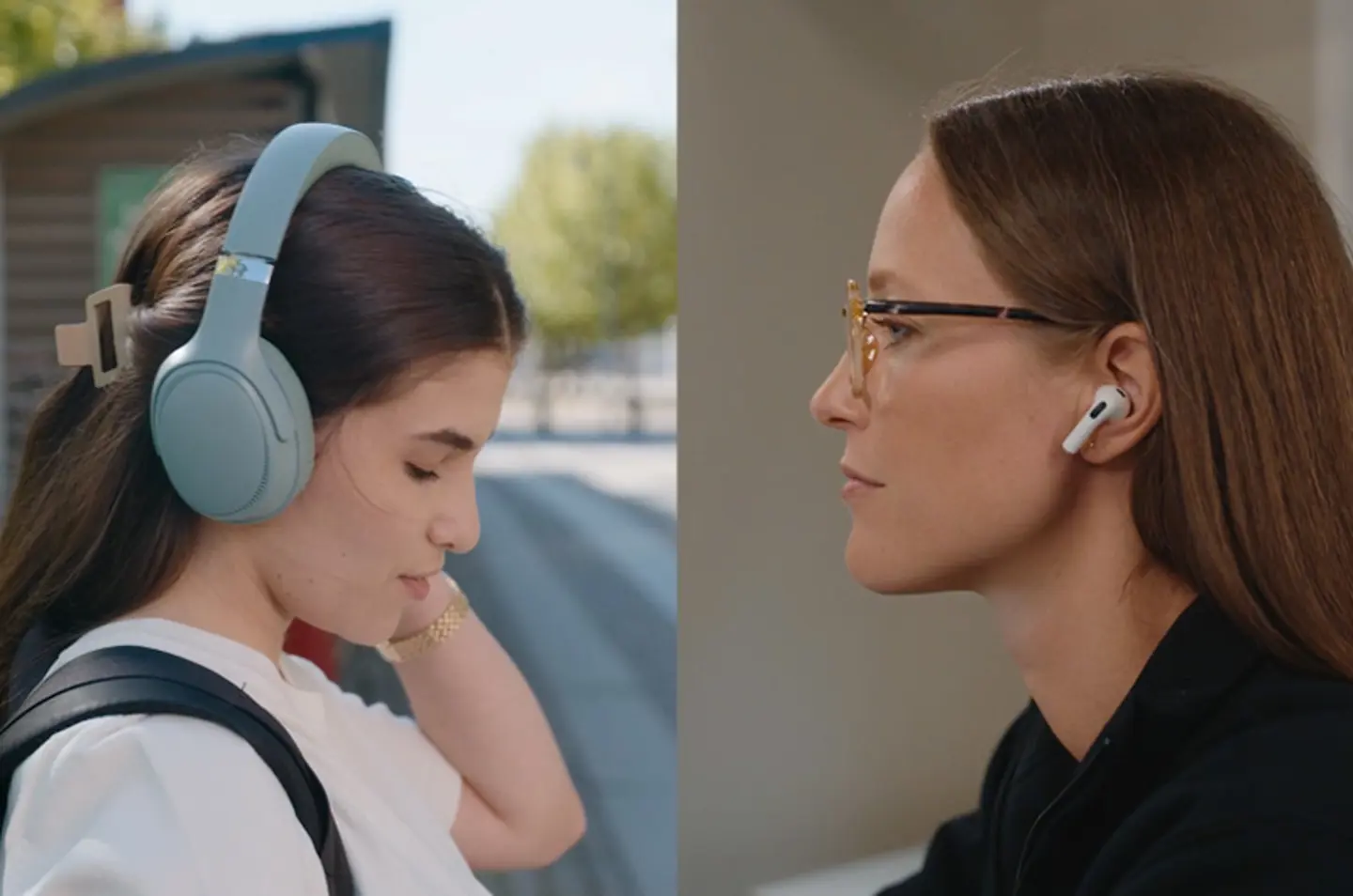 A young female student wearing over ear headphones outside opposed by a older female wearing ear buds both are listening 