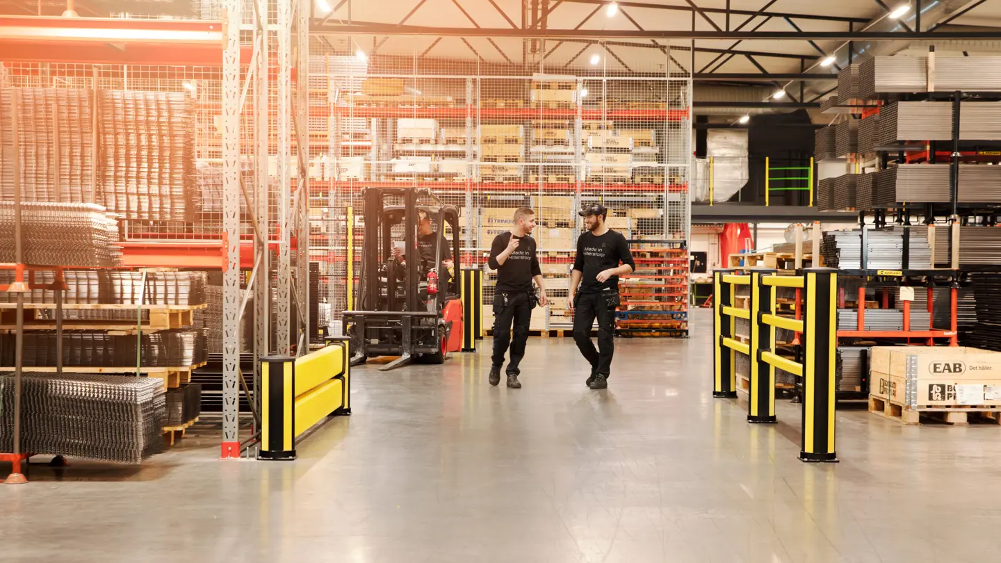 Axelent's impact barrier products are pictured in a warehouse